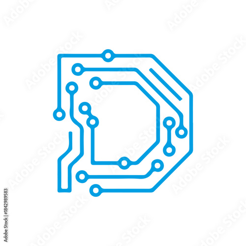 A vector icon featuring the letter 'D' styled with electronic circuit board lines, symbolizing data science, digitalization, and technology development. Includes PNG, JPG, and editable EPS formats.