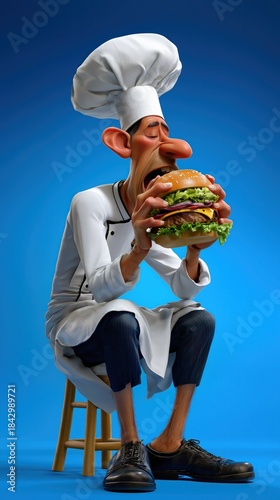 Un chef cuisinier de dessin animé assis sur un tabouret mangeant un hamburger, dans un style caricatural sur fond bleu.	