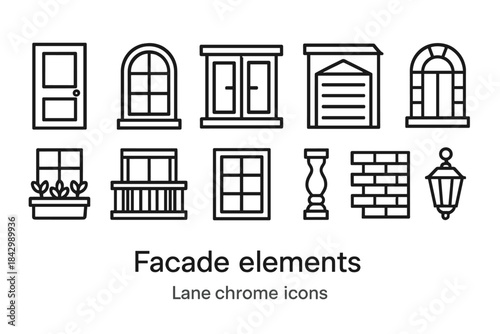 Facade elements linear icon set. featuring door, window, balcony, garage, lantern, and railing symbols