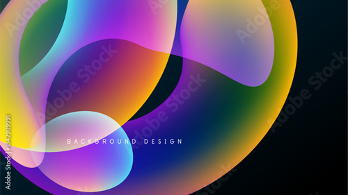 Abstract colorful shapes overlap black background. Vibrant gradients create fluid modern design. Smooth transitions, dynamic composition.