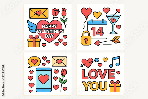 Valentine's day flat icon set. featuring heart, gift, love letter, rose, calendar, lock, and music symbols