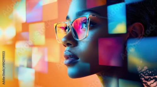 A portrait of a woman wearing glasses with an abstract background and colorful shapes and hues around her AI Generative