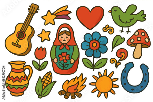 Folk art flat icon set. featuring guitar, bird, heart, flower, mushroom, stars, and matryoshka.