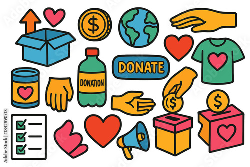 Charity and donation flat icons set. featuring box, coin, earth, heart, hand, checklist, megaphone, t-shirt