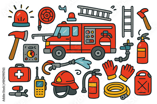 Firefighting flat icon set. featuring fire truck, extinguisher, hose, helmet, alarm, gloves, ladder, axe, and hydrant