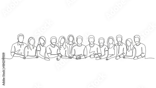A line drawing of a diverse group of people sitting together in a row