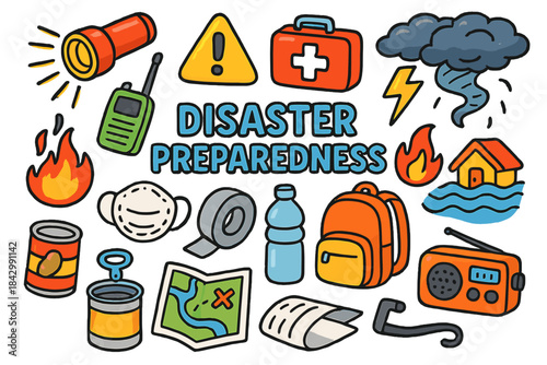Disaster preparedness flat icon set. featuring flashlight, first aid kit, tornado, mask, map, and emergency radio