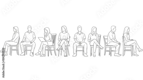 A line drawing of eight people sitting on chairs in a row facing right