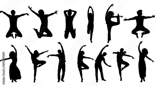 Collection of various dance poses in black silhouette on