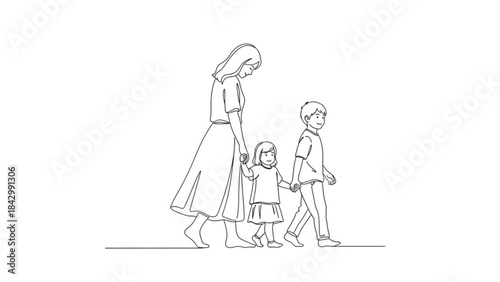Continuous line drawing of a mother and her two children walking together