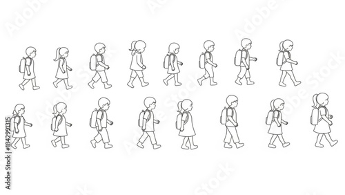 A set of stick figure people walking in various poses and directions