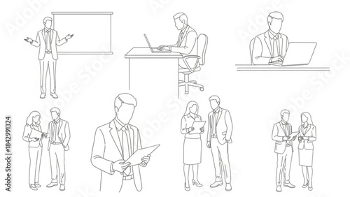 A collection of business professionals in various work settings and interactions
