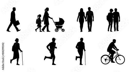 Collection of various people engaging in daily activities in black silhouette