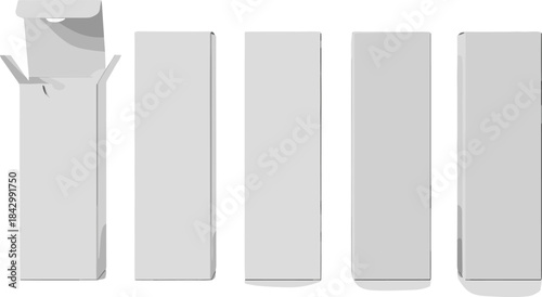 Packaging box illustration, open and closed views, product container design, structural layout set, flat vector graphic collection