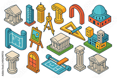 Architecture flat icon set. featuring column, blueprint, compass, building, museum, and cityscape symbols