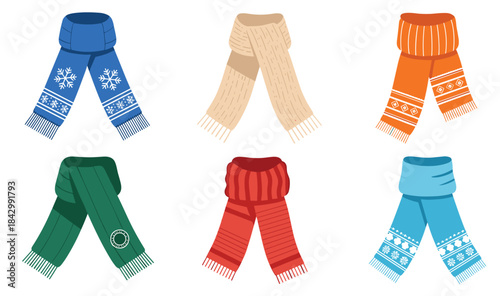 Scarf design collection, winter fashion accessories, colorful patterns, cozy neckwear styles, seasonal clothing set, flat vector illustration