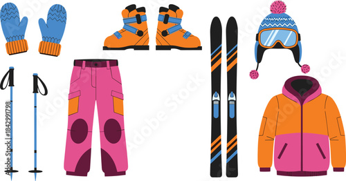 Skiing gear and clothing set, winter sports equipment, cold weather apparel, ski outfit icons, colorful vector illustration