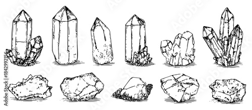 Hand drawn vector collection of various crystal minerals and rough rocks