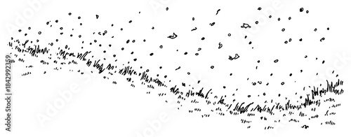 Hand drawn vector sketch of wind blowing seeds or snow over grass