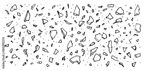 Abstract background of scattered broken glass shards and flying debris in black and white sketch style