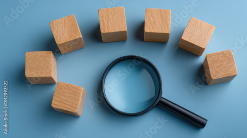 Magnifying glass on blue surface surrounded by wooden cubes arranged in semicircle conveying search inspection and organization