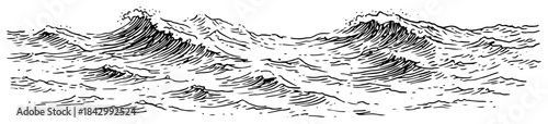 Panoramic sketch of rough ocean waves and sea surface