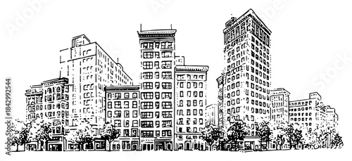 Hand drawn vector sketch of a city street with tall skyscrapers and buildings