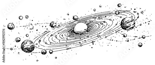 Hand drawn vector sketch of a solar system with orbiting planets and stars