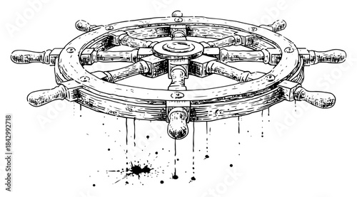 Hand drawn vector illustration of a wooden ship steering wheel dripping with liquid