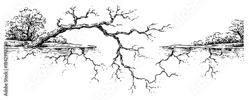 Hand drawn vector sketch of a gnarled tree growing beside a deep crack in the earth