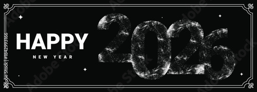 Happy New Year 2026 festive greeting card with vintage distressed texture on black background celebration