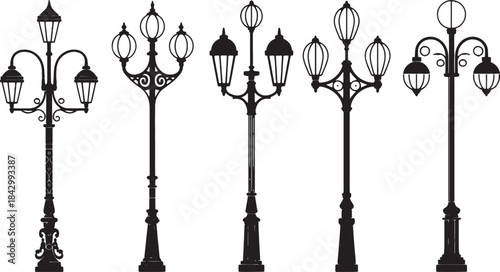 "Street Lamp Icons – Vintage and Modern Lamp Post Vectors, Decorative Lighting Designs"