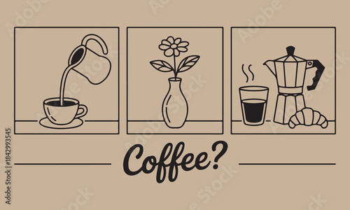 A minimalist line art illustration exploring the components of a perfect coffee ritual