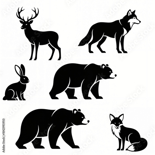 Black and White Wild Animal Silhouette Vector Set with Forest and Wildlife Species
