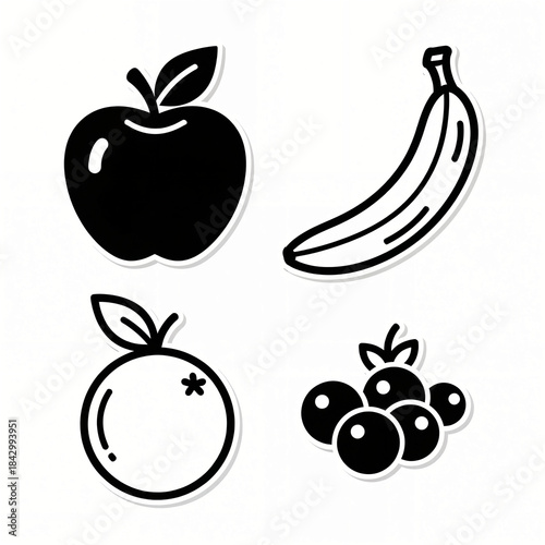 Black and White Fruit Silhouette Vector Icons Set with Apple Banana and Citrus
