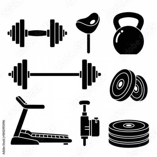 Black and White Gym and Fitness Equipment Vector Icons Set for Workout and Training
