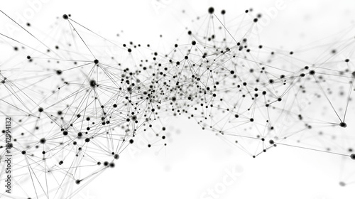 A black and white graphic illustration of a network or web of interconnected lines and dots