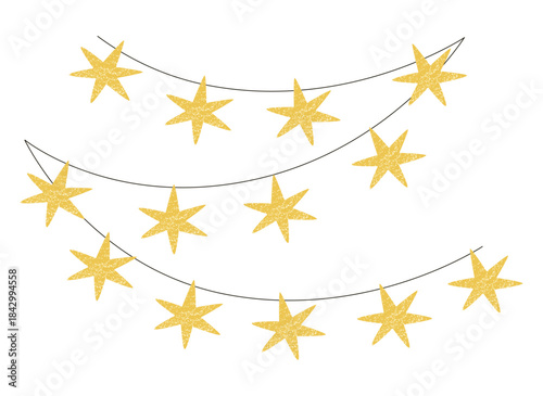 Festive David stars, Jewish light garland, banner background. Hanging golden starry decoration, ornament on string.