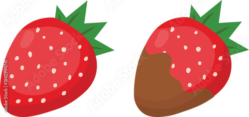 Vector illustration set featuring two strawberries: one fresh and one dipped in melted chocolate. Ideal graphic resource for sweet food concepts, candy shop designs, desserts, and gourmet treat compar