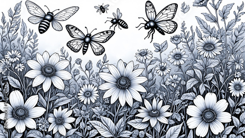 beautiful butterflies on black and white floral background. summer floral background with insects	