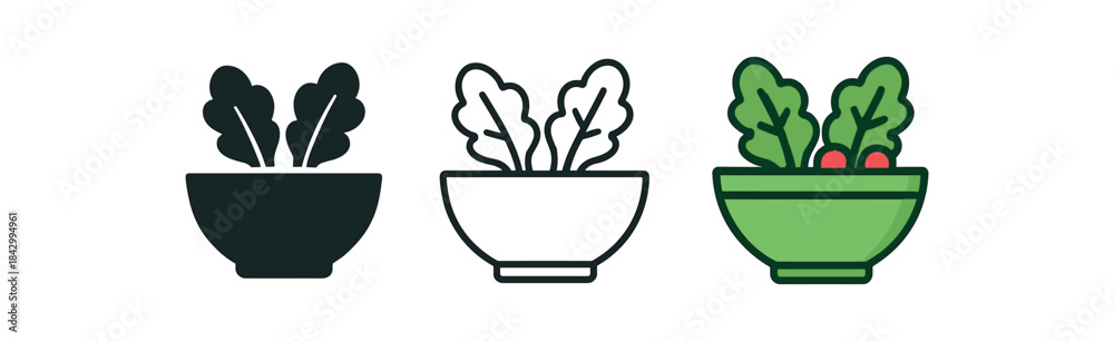 Fototapeta premium salad bowl icons three salad bowl with leaves icons one flat solid monochrome one thin black outline black and white one full color flat icon green and red