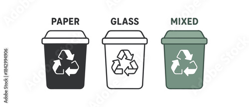 Flat vector illustration recycling sets paper bin glass bin and mixed bin soft rounded shapes clean outline one black and white flat version one outline version one color version eco office