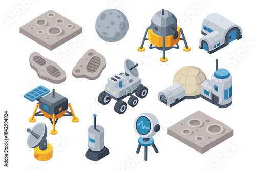 Space exploration isometric icon set. featuring rover, satellite, lander, telescope, moon, and habitat symbols