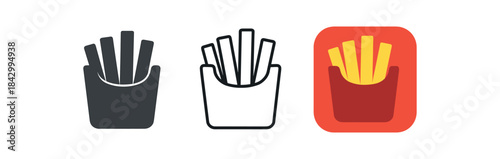 fries icons three fries carton icons one flat solid monochrome one thin black outline black and white one full color flat icon red box and fries