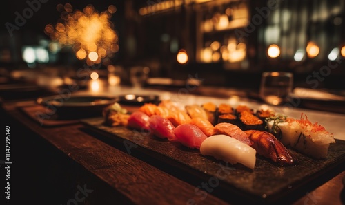 Sushi bar at night with fireworks 