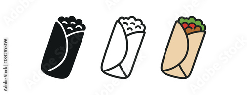 burrito icons three wrapped burrito silhouettes one flat solid monochrome one thin black outline black and white one full color flat icon beige wrap with colored edge