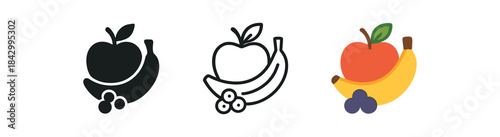 fruit icons three mixed fruit cluster ( banana berry) icons one flat solid monochrome one thin black outline black and white one full color flat icon bright fruit colors