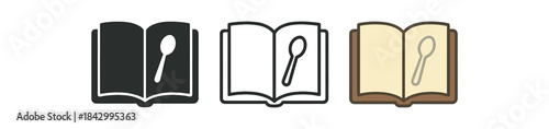 cookbook open icons three open cookbook with tiny spoon illustration icons one flat solid monochrome one thin black outline black and white one full color flat icon cream pages