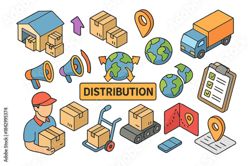 Logistics and shipping flat icon set. warehouse, truck, package, global, delivery, megaphone, distribution symbols