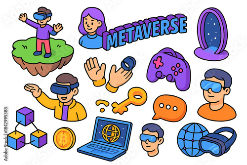Metaverse linear icon set. featuring vr headset, gaming, blockchain, avatar, and cryptocurrency symbols